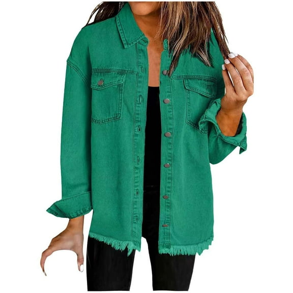 Scyoekwg Coats for Women Long Sleeve Button Lapel Denim Shirt Jacket with Pocket Solid Color Fashion Loose Casual Coats (Mint Green,XXL)