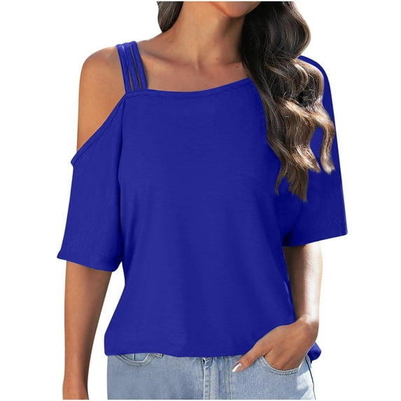 Scyoekwg Cold Shoulder Tops for Women Summer Dressy Short Sleeve Tshirt Solid Color Casual Shirts Loose Comfy Blouses (Dark Blue,XL)