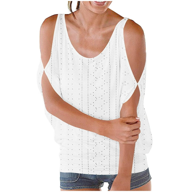 Scyoekwg Cold Shoulder Tops for Women Summer Round Neck Eyelet 