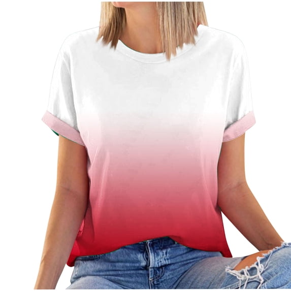 Scyoekwg Comfy Shirts for Women Casual Gradient Print Graphic Tee T Shirts Comfy Crew Neck Trendy Basic Tops Short Sleeve T Shirts Tshirt Blouses (Red,S)