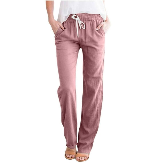 Scyoekwg Cotton Linen Pants Womens Sweatpants Lounge Pants Solid Color Drawstring Elastic Waist Long Straight Pants with Pockets Clearance (#B=Pink,XXXL)
