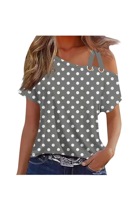 Criss-Cross One Shoulder Tops Womens Summer Tops Short Sleeve Cold Shoulder Shirts Dressy Casual Loose Polka Dots Print Blouses (Gray,L)