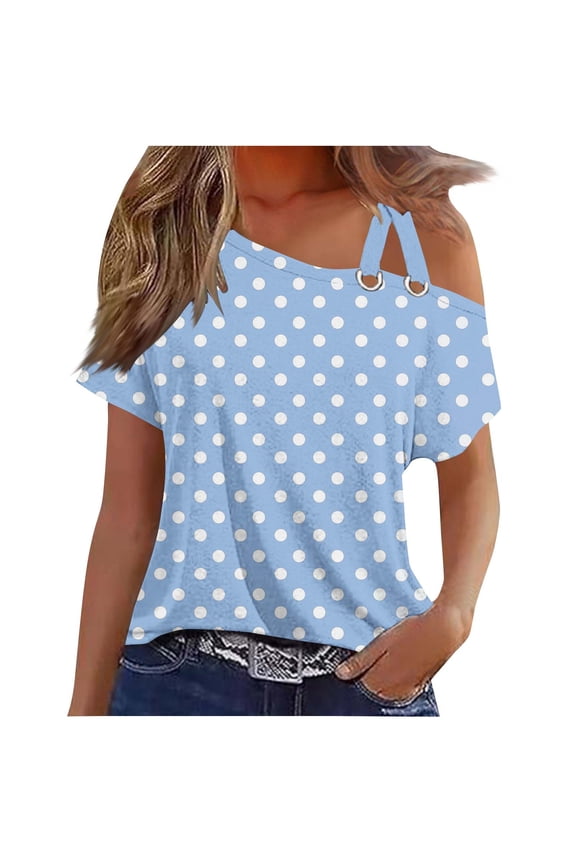 Criss-Cross One Shoulder Tops Womens Summer Tops Short Sleeve Cold Shoulder Shirts Dressy Casual Loose Polka Dots Print Blouses (Light Blue,XL)
