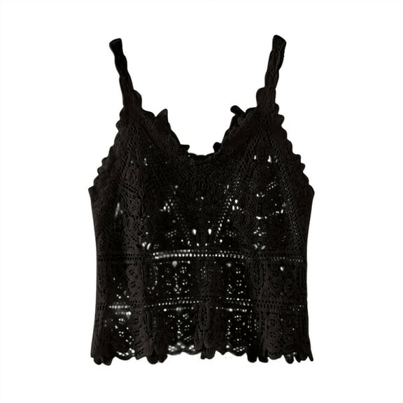 Scyoekwg Crochet Lace Cami Tank Tops for Women Soft Casual Spaghetti Strap Knit Hollow V Neck Sweater Going Out Camisole Shirts (Black,Free Size）