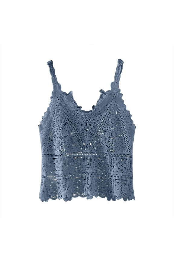 Crochet Lace Cami Tank Tops for Women Soft Casual Spaghetti Strap Knit Hollow V Neck Sweater Going Out Camisole Shirts (Navy,Free Size)