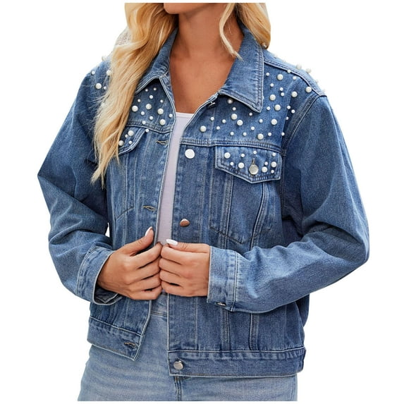 Scyoekwg Denim Jacket for Women 2025 Fall Long Sleeve Fall Coats Casual Lightweight Solid Color Lapel Button Short Denim Jacket Trendy Loose Outerwear(Blue,XL)