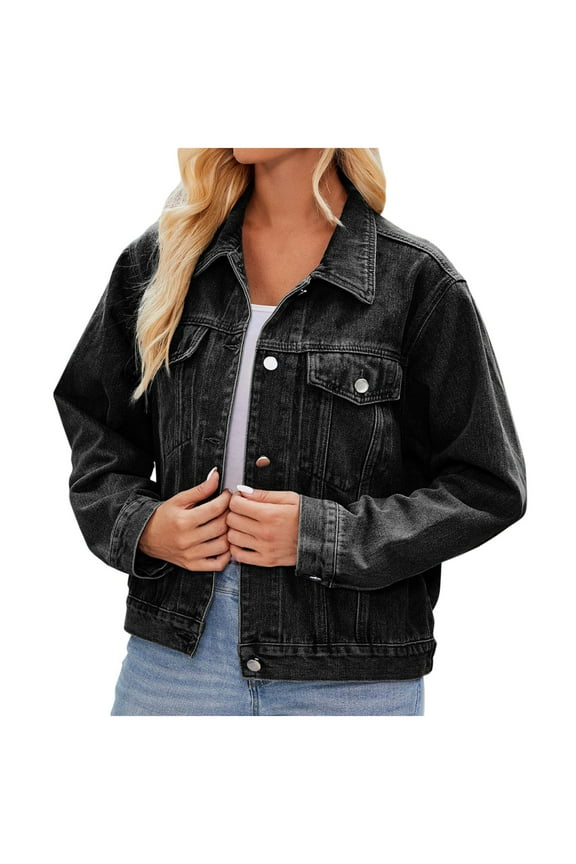Denim Jacket for Women Trendy Long Sleeve Casual Lightweight Solid Color Lapel Button Short Denim Jacket Fall Coats Loose Outerwear(Black,L)