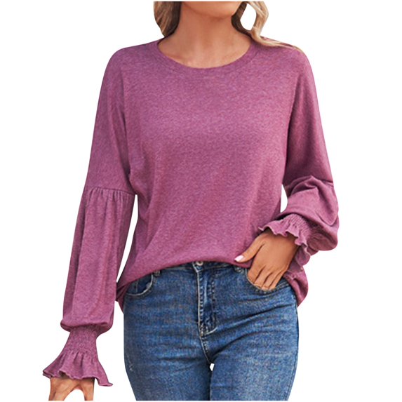 Scyoekwg Dressy Blouses for Women Crew Neck Elegant Shirts Loose Dressy Casual Blouses Fall Tops Trendy Solid Color Women Blouses Long Sleeve T Shirts Lightweight Pullover (Purple,S)
