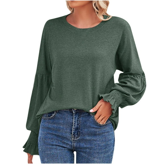 Scyoekwg Dressy Blouses for Women Crew Neck Elegant Shirts Loose Dressy Casual Blouses Fall Tops Trendy Solid Color Women Blouses Long Sleeve T Shirts Lightweight Pullover (Army Green,XXL)
