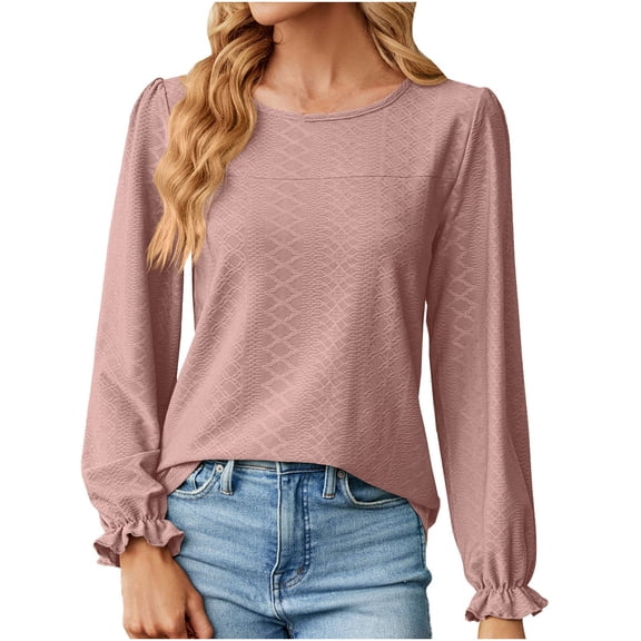Scyoekwg Dressy Blouses for Women Crew Neck Basic Tops Solid Color Loose Long Sleeve T Shirts Women Blouses Trendy Pullover (Hot Pink,M)