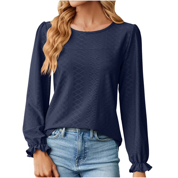 Scyoekwg Dressy Blouses for Women Crew Neck Basic Tops Solid Color Loose Long Sleeve T Shirts Women Blouses Trendy Pullover (Navy,S)