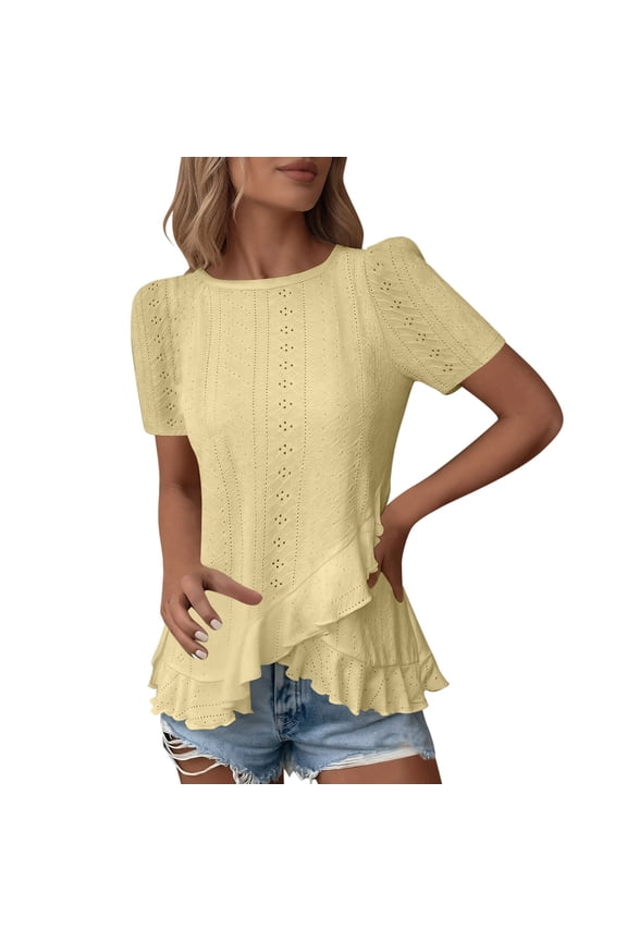 Dressy Spring Tops for Women Summer Short Sleeve Eyelet Tops Solid Color Casual Ruffle Hem Tunic Top Fashion Comfy Clothes (Yellow,S)