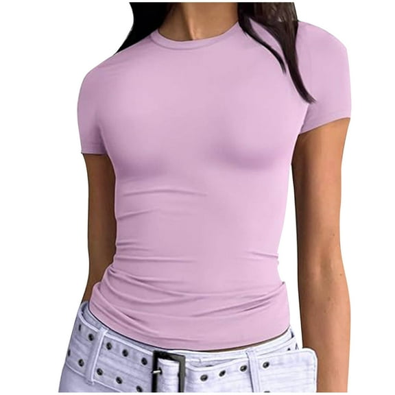 Scyoekwg Dressy Tops for Women Crew Neck Tight Tops Trendy Solid Color Comfy Casual Loose Shirts Short Sleeve T Shirts Summer Tshirt Blouses (Pink,XL)