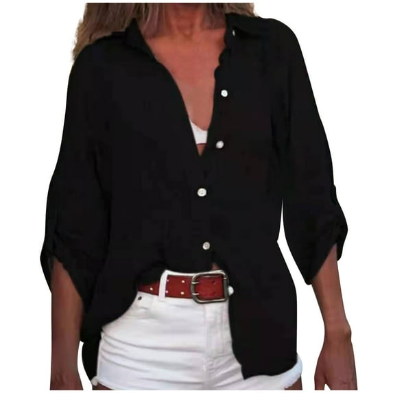 Scyoekwg Dressy Tops for Women Fall Fashion Comfy Button Shirts Classic Solid Color Long Sleeve Blouses Lightweight Loose Casual 2024 Fashion Fall Tunic Top Shirts V Neck Lapel Black S