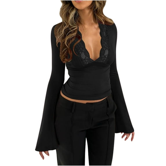 Scyoekwg Dressy Tops for Women Lace Patchwork Pagoda Sleeve V-Neck Slim Top Tops for Women Trendy Lightweight Tshirt Long Sleeve Loose Solid Color Blouses (Black,S)