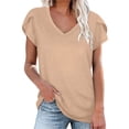 thumbnail image 1 of Scyoekwg Dressy Tops for Women Summer Tops Loose Comfy Blouse Tshirt V-Neck Petals Sleeve Basic Tops Casual Going Out Tops Classic Solid Color Short Sleeve Cute Tops (Khaki,L), 1 of 6