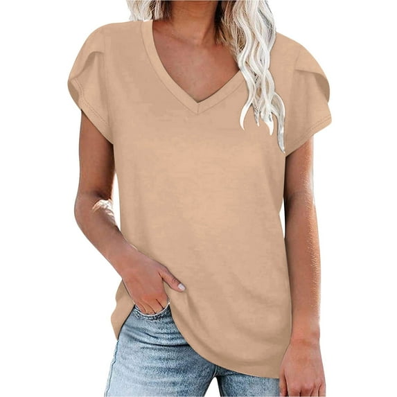 Scyoekwg Dressy Tops for Women Summer Tops Loose Comfy Blouse Tshirt V-Neck Petals Sleeve Basic Tops Casual Going Out Tops Classic Solid Color Short Sleeve Cute Tops (Khaki,L)
