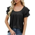 thumbnail image 1 of Scyoekwg Dressy Tops For Women Trendy Round Neck Ruffle Sleeve Pleated Shirts Summer Short Sleeve T Shirts Comfy Casual Loose Lightweight Solid Color Blouses (Black,XXL), 1 of 6