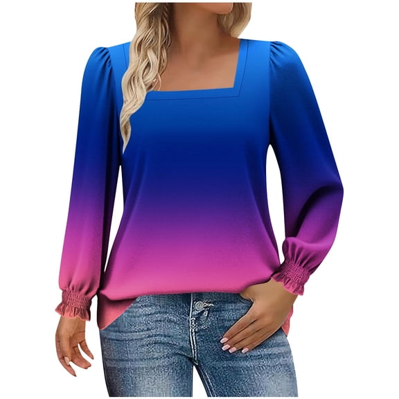 Scyoekwg Elegant Blouses for Women Long Sleeve Square Neck Top Fall Fashion Gradient Graphic Tops Casual Stretchy Pullover (Light Blue,S)