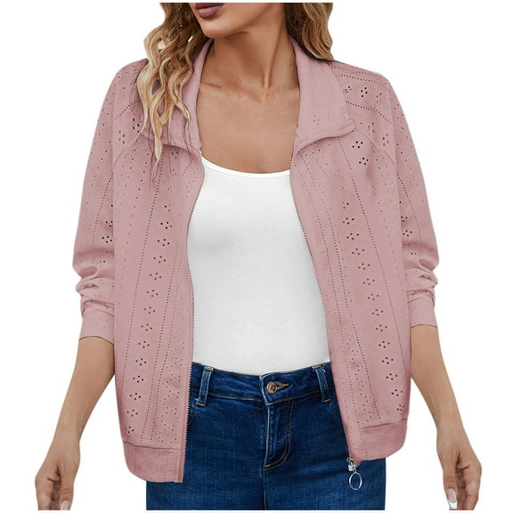 Scyoekwg Fall Cardigans for Women Zipper Lapel Short Coats Trendy Casual Solid Color Lightweight Loose Fall Coats Long Sleeve Cardigan(Pink,S)