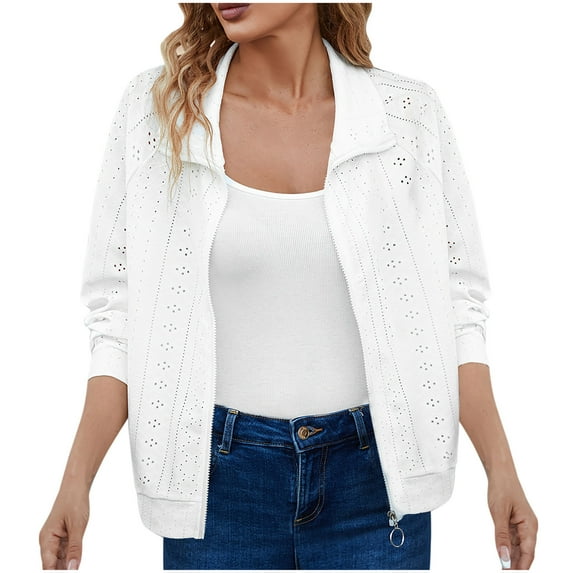 Scyoekwg Fall Cardigans for Women Zipper Lapel Short Coats Trendy Casual Solid Color Lightweight Loose Fall Coats Long Sleeve Cardigan(White,XL)
