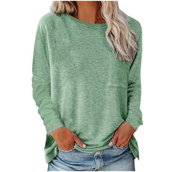Scyoekwg Fall Clothes for Women Long Sleeve Shirts for Women Lightweight Casual 2024 Fashion Pullover Tunic Tops Round Neck Solid Color Long Sleeve Blouses Loose Fit Green S