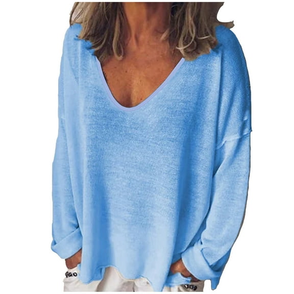 Scyoekwg Fall Clothes for Women Long Sleeve Shirts for Women Scoop Neck Tunic Tops Solid Color Long Sleeve Blouses Loose Fit Lightweight Casual Pullover 2025 Fashion Blue S