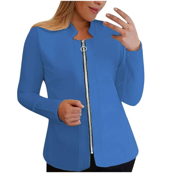 Scyoekwg Fall Coats for Women Stand Collar Zipper Blazer Jackets Solid Color Trendy Loose Long Sleeve Fall Coats Casual Lightweight Outerwear(Blue,XXXXXL)