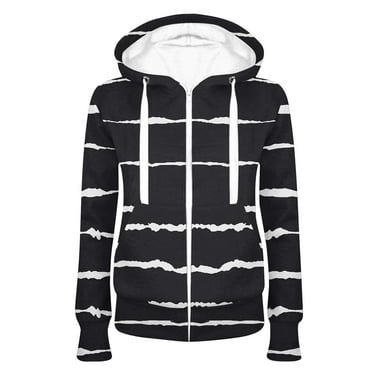 Scyoekwg Fall Coats for Women Striped Printed Zipper Drawstring Hooded Sweatshirt Hoodies Coats with Pocket Lightweight Loose Long Sleeve Fall Coats Casual Trendy Jacket(Black,XL)