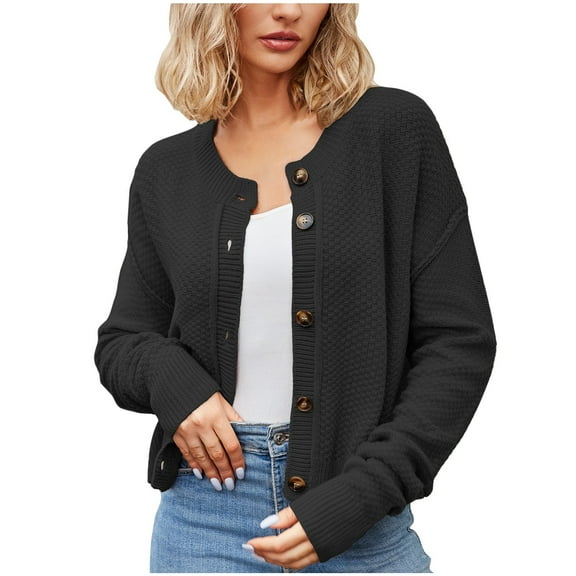 Scyoekwg Fall Coats for Women Lightweight Long Sleeve Casual Trendy Solid Color Button Knit Sweater Cardigan Fall Coats Loose Outerwear(Black,S)
