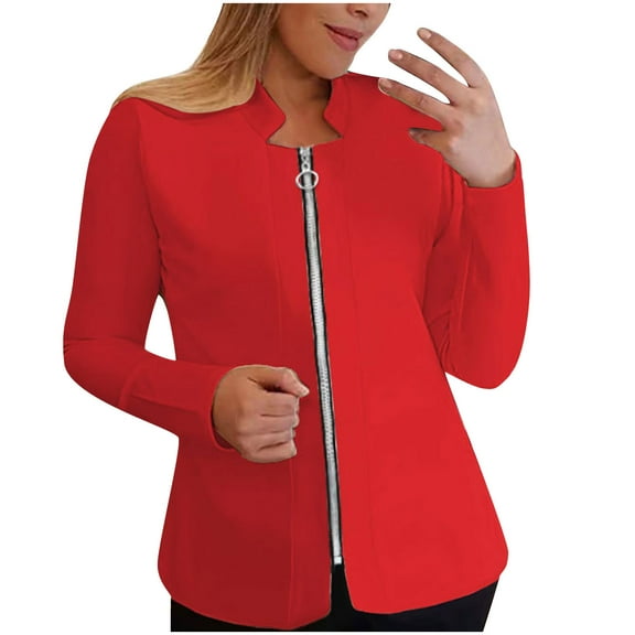 Scyoekwg Fall Coats for Women Stand Collar Zipper Blazer Jackets Solid Color Trendy Loose Long Sleeve Fall Coats Casual Lightweight Outerwear(Red,M)
