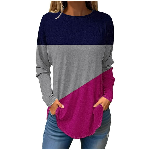 Scyoekwg Fall Fashion for Women Long Sleeve Tops Cewneck Dressy Tops for Leggings Lightweight Color Block Patchwork Graphic Tee Loose Fall Clothes Vintage Casual Blouses