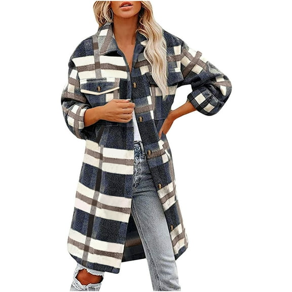 Scyoekwg Fall Fashion Womens Shacket Jackets with Pockets Long Casual Plaid Printed Long Sleeve Coat Button Up Flannel Jacket Overcoat Blue S