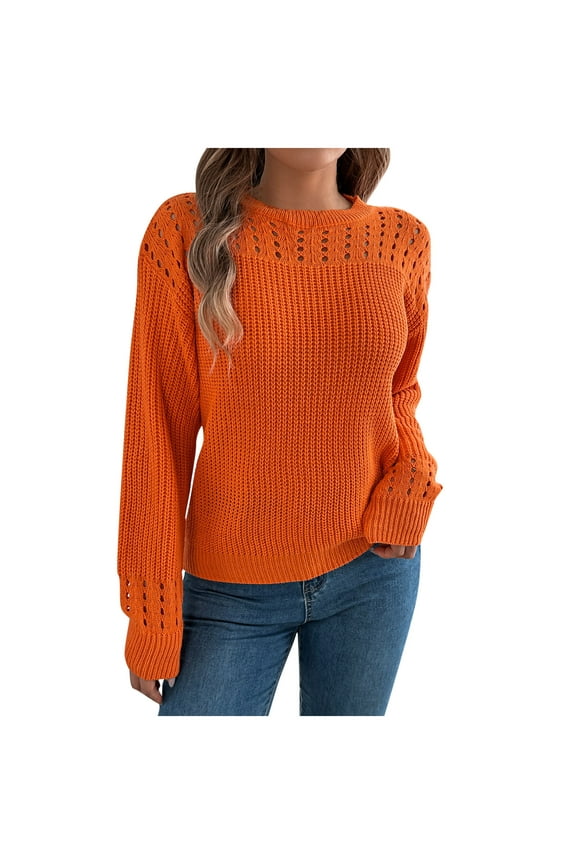 Fall Hollow Out Sweaters for Women Fashion Casual Crew Neck Long Sleeve Crochet Pullover Tops Loose Comfy Sweater (Orange,XL)
