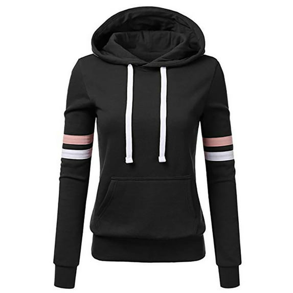 Scyoekwg Fall Hoodies for Womens Solid Color Casual Long Sleeve Stripe Splicing Hooded Drawstring Sweatshirt Pullover Tops with Pockets #B04-Black L