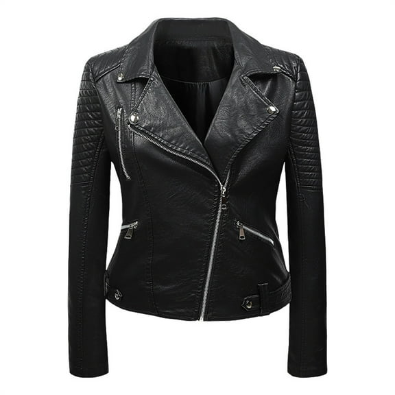 Scyoekwg Fall Jackets for Women 2025 Trendy Leather Jacket Zipper Lapel Short Leather Coats Moto Biker Coat Long Sleeve Casual Solid Color Vintage Fall Coats Coats(Black,XL)