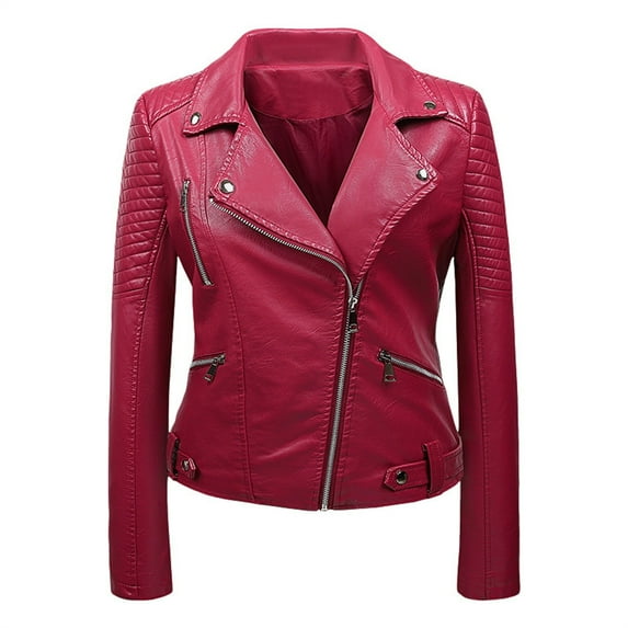 Scyoekwg Fall Jackets for Women 2025 Trendy Leather Jacket Zipper Lapel Short Leather Coats Moto Biker Coat Long Sleeve Casual Solid Color Vintage Fall Coats Coats(Red,XL)
