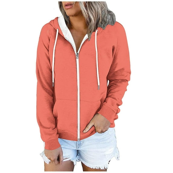 Scyoekwg Fall Jackets for Women Solid Color Casual Lightweight Trendy Zipper Drawstring Hooded Sweatshirt Hoodies Coats with Pocket Loose Fall Coats Long Sleeve Jacket(Orange,XXL)