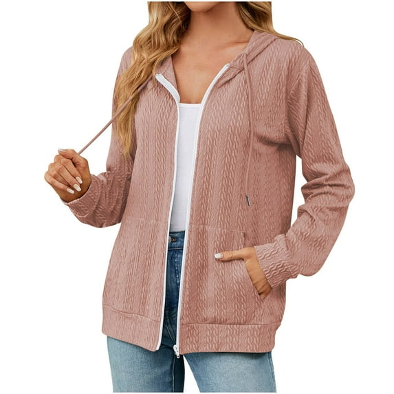 Scyoekwg Fall Jackets for Women Solid Color Zipper Drawstring Hooded Sweatshirt Hoodies Coats Fall Coats Loose Lightweight Long Sleeve Casual Trendy Outerwear(Pink,S)