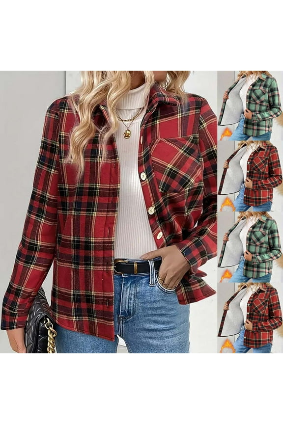 Fall Jackets for Women Plaid Flannel Shirt Jacket Long Sleeve Lapel Button Coats Casual Comfy Thermal Warm Coat (Green,L)