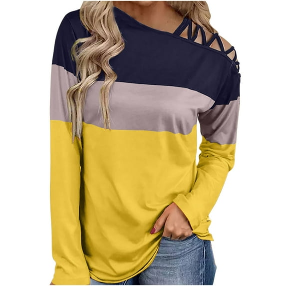 Scyoekwg Fall Long Sleeve Cold Shoulder Tops for Womens Sloping Shoulders Cross Strap Shirts Casual Loose Color Block Tops Blouse Tunic Tops Yellow S