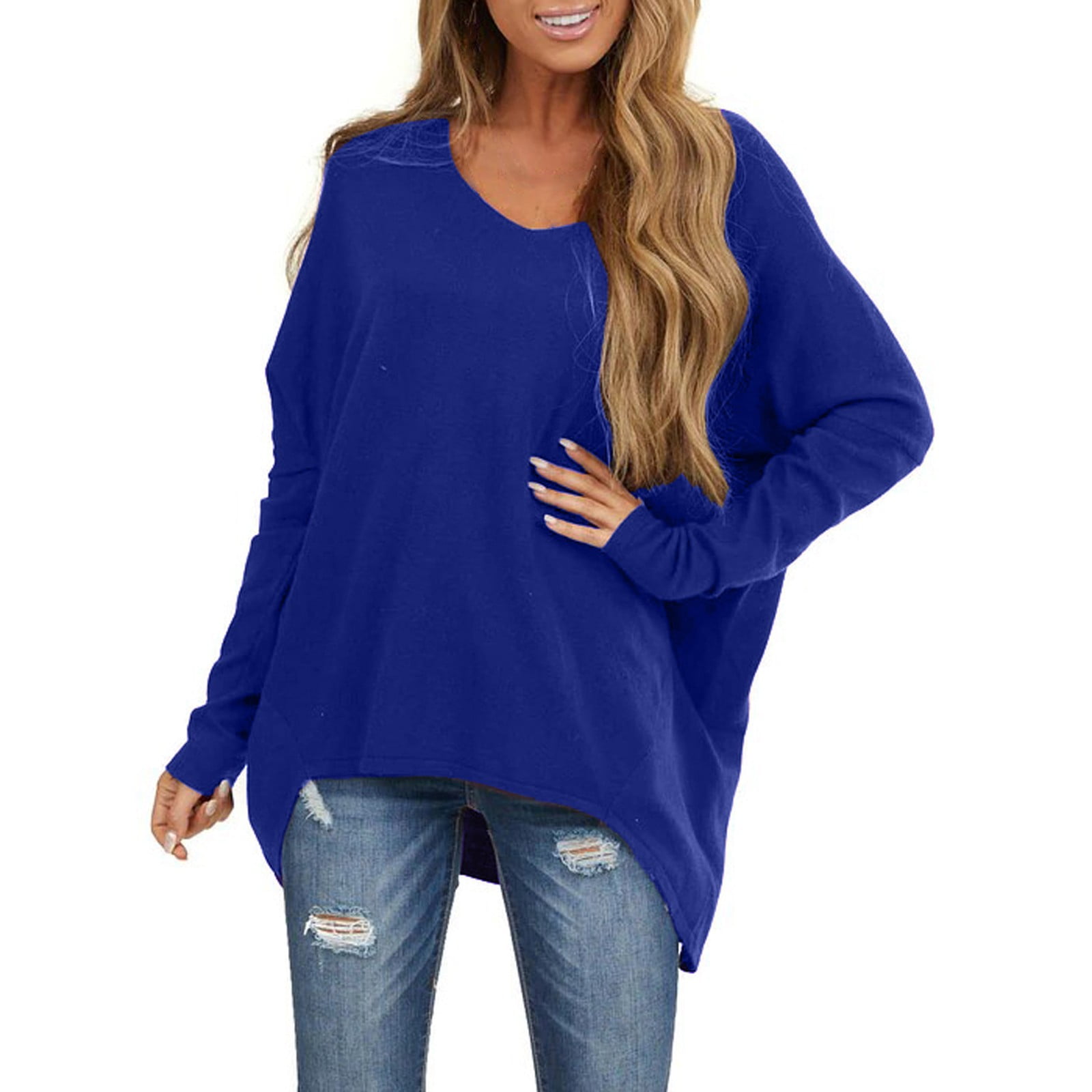 Scyoekwg Fall Fashion Womens Long Sleeve Tops Tunic Tops 2022 Fashion  Pullover Round Neck Solid Color 3/4 Sleeve Blouses Loose Fit Lightweight  Casual Navy M - W…