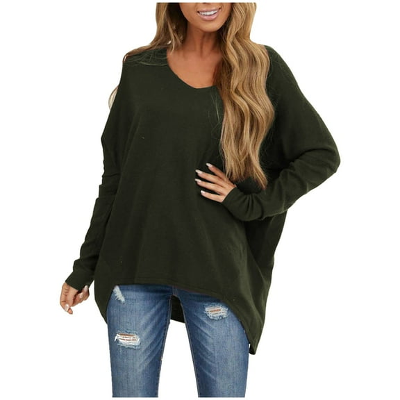 Scyoekwg Fall Long Sleeve Shirts for Womens Comfy Pullover 2025 Fashion Round Neck Off Shoulder Tunic Tops Classic Solid Color Casual Loose Fit Blouses Autumn Comfy Lightweight Army Green L