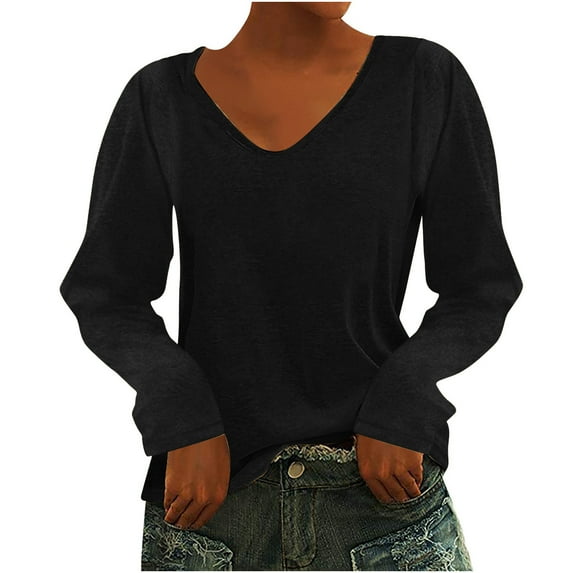 Scyoekwg Fall Long Sleeve Shirts for Womens Comfy Pullover Autumn V Neck 2025 Fashion Tunic Tops Classic Solid Color Casual Loose Fit Blouses Comfy Lightweight Black XXL