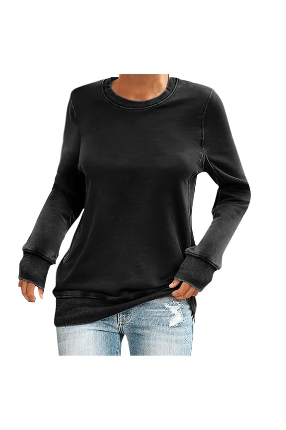 Fall Shirts for Women 2025 Long Sleeve Blouses for Women Casual Loose Fit Blouses Round Neck Comfy Tunic Tops Pullover Basic Tee Classic Solid Color Sweatshirts Black L
