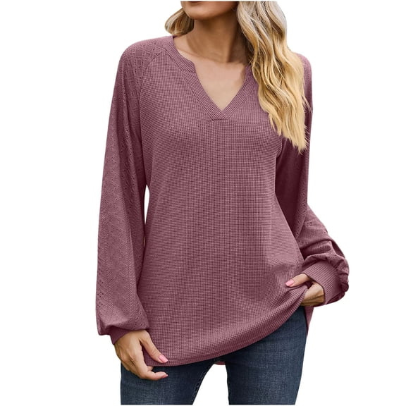 Scyoekwg Fall Shirts for Women Trendy Tops for Women V-Neck Hollowed Out Patchwork Elegant Shirts Long Sleeve Tops Loose Lightweight Solid Color Fall Clothes Vintage Casual Pullover