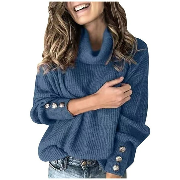 Scyoekwg Fall Sweaters Long Sleeve Tops for Women Solid Color Turtleneck Long Sleeve Blouses Loose Fit Casual Soft Fashion Knitted Jumper Sweater Pullover Tops Blue XXXXL(16)