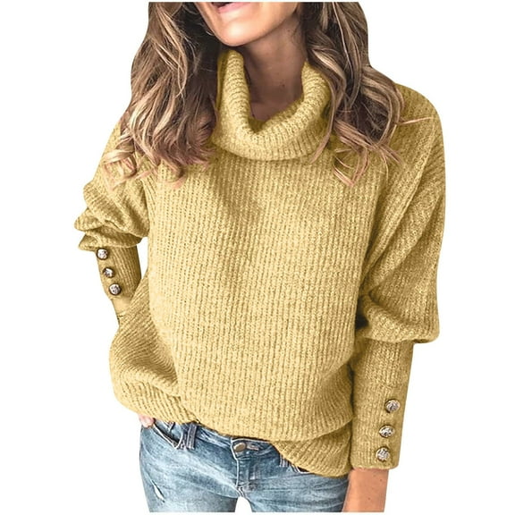 Scyoekwg Fall Sweaters Long Sleeve Tops for Women Solid Color Turtleneck Long Sleeve Blouses Loose Fit Casual Soft Fashion Knitted Jumper Sweater Pullover Tops Yellow XXXXXL(18)