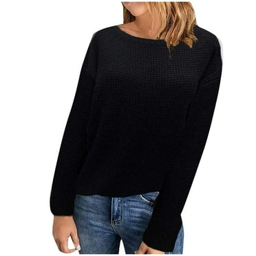 Scyoekwg Fall Sweaters for Women 2024 Fall Winter Clothes Knitted Sweater Solid Color Crewneck Sweater Long Sleeve Warm Casual Pullover Sweaters(Black,M)