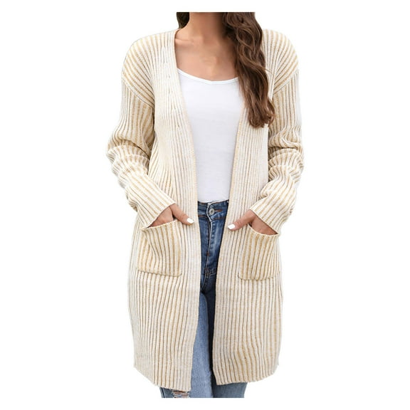 Scyoekwg Fall Sweaters for Women 2025 Open Front Cardigan Sweater Long Coat Pockets Loose Casual Outwear Winter Warm Jackets Long Sleeve Solid Color Outerwear (Khaki,L)